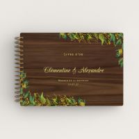 Livre d'or de mariage en bois personnalisé sur noyer avec feuillage