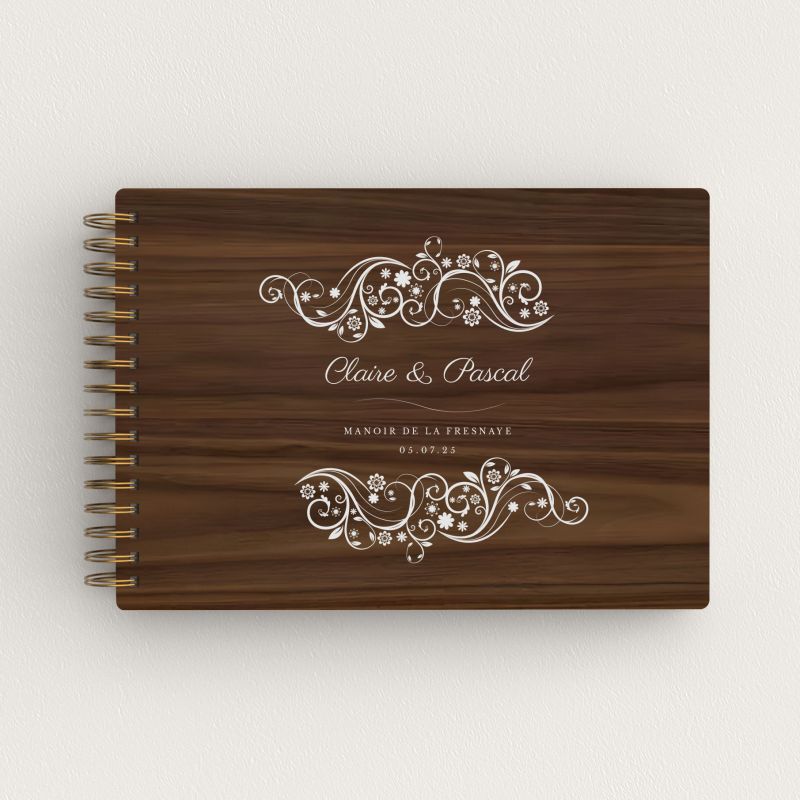 Livre d'or de mariage en bois personnalisé - En noyer - Fleurs - hover