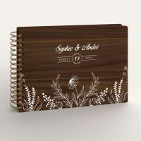 Livre d'or de mariage en bois personnalisé - En noyer - Fleurs champêtres