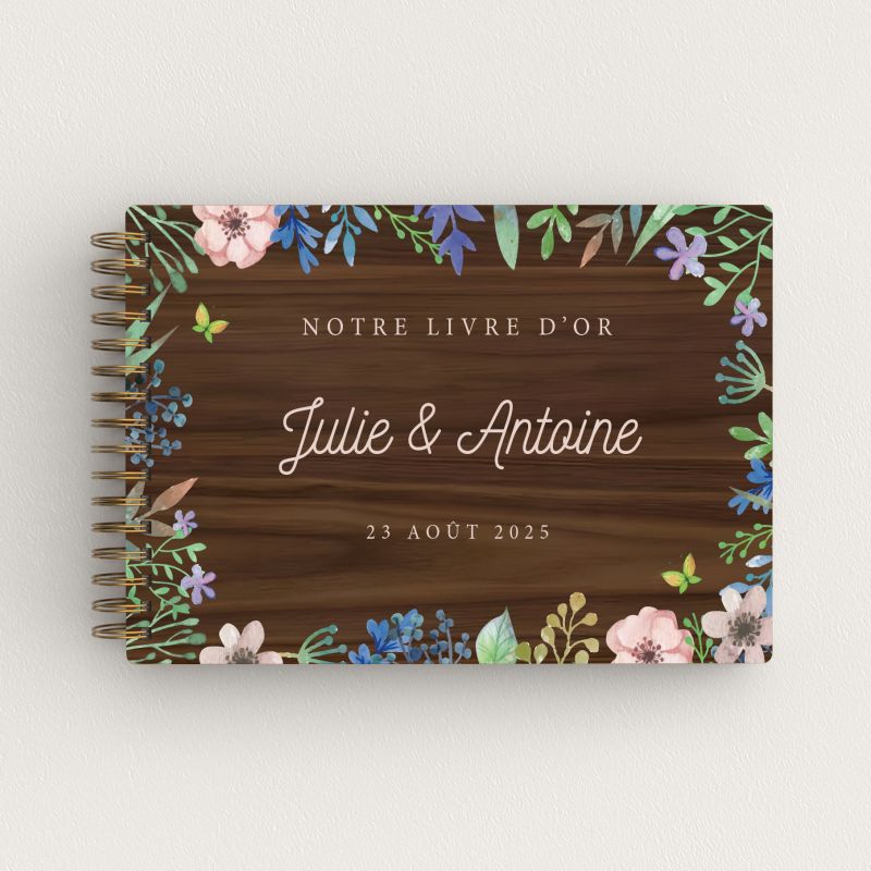 Livre d'or de mariage en bois personnalisé - En noyer - Fleurs de printemps - hover