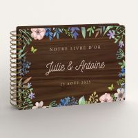 Livre d'or de mariage en bois personnalisé - En noyer - Fleurs de printemps