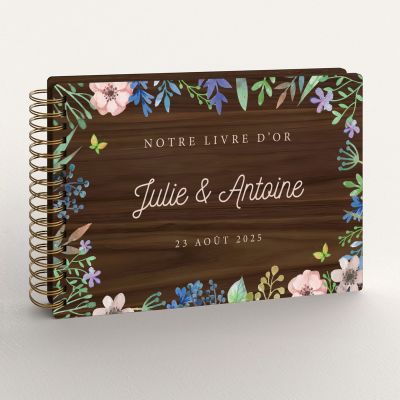 Livre d'or de mariage en bois personnalisé sur noyer avec fleurs de printemps