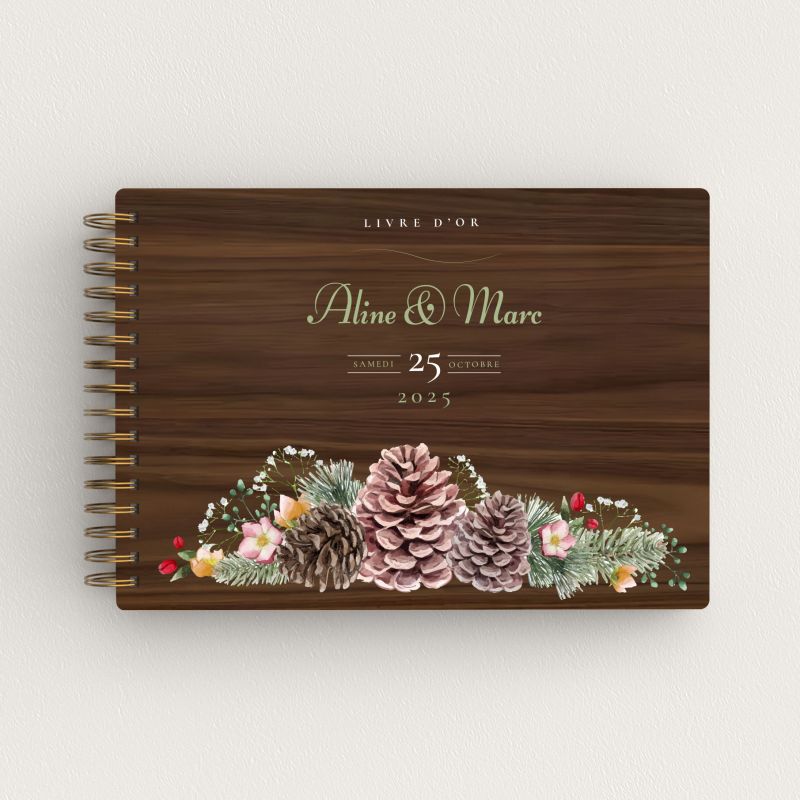 Livre d'or de mariage en bois personnalisé - En noyer - Fleurs de montagne - hover