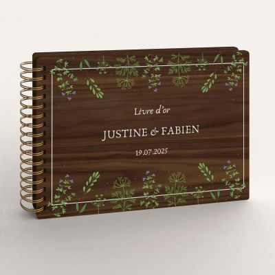 Livre d'or de mariage en bois personnalisé sur noyer avec fleurs sauvages