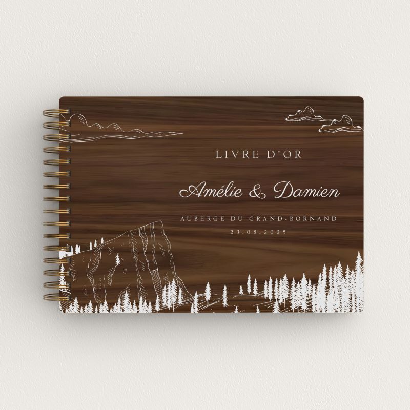 Livre d'or de mariage en bois personnalisé - En noyer - Montagne - hover