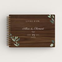 Livre d'or de mariage en bois personnalisé sur noyer avec des fleurs