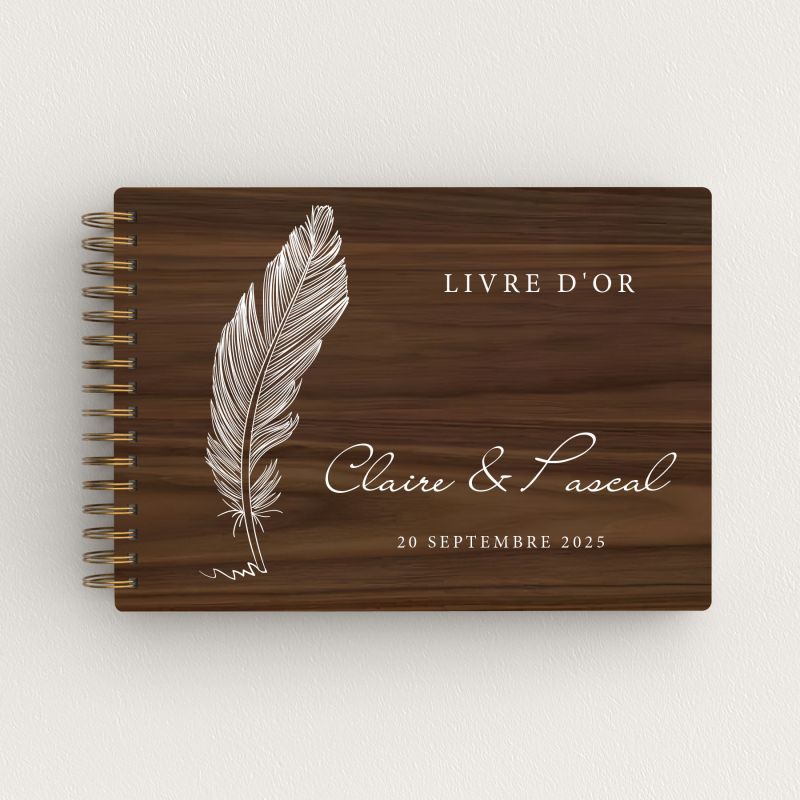 Livre d'or de mariage en bois personnalisé - En noyer - Plume - hover