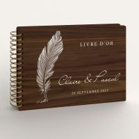 Livre d'or de mariage en bois personnalisé - En noyer - Plume