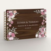 Livre d'or de mariage en bois personnalisé - En noyer - Pivoine