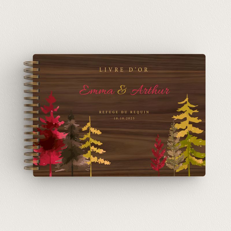 Livre d'or de mariage en bois personnalisé - En noyer - Sapin automne - hover