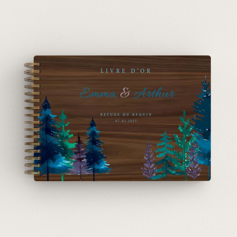 Livre d'or de mariage en bois personnalisé - En noyer - Sapin hiver - hover