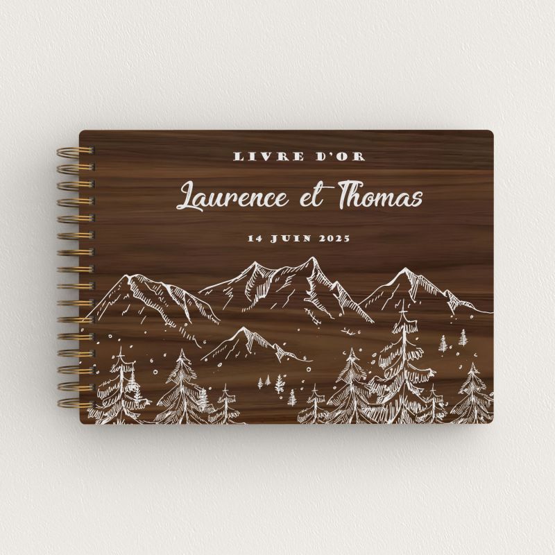 Livre d'or de mariage en bois personnalisé - En noyer - Sommets alpins - hover