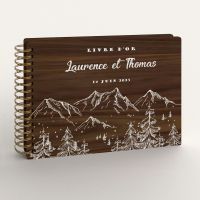 Livre d'or de mariage en bois personnalisé - En noyer - Sommets alpins