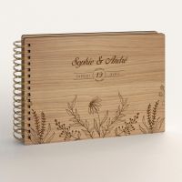 Livre d'or de mariage en bois gravé sur chêne - Fleurs champêtres