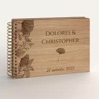 Livre d'or de mariage en bois gravé sur chêne - Ginkgo