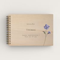 Livre d'or d'anniversaire personnalisé en bois de peuplier avec une fleur bleue