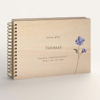 Livre d'or d'anniversaire personnalisé en bois de peuplier avec une fleur bleue