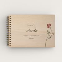 Livre d'or d'anniversaire personnalisé en bois de peuplier avec une fleur rouge