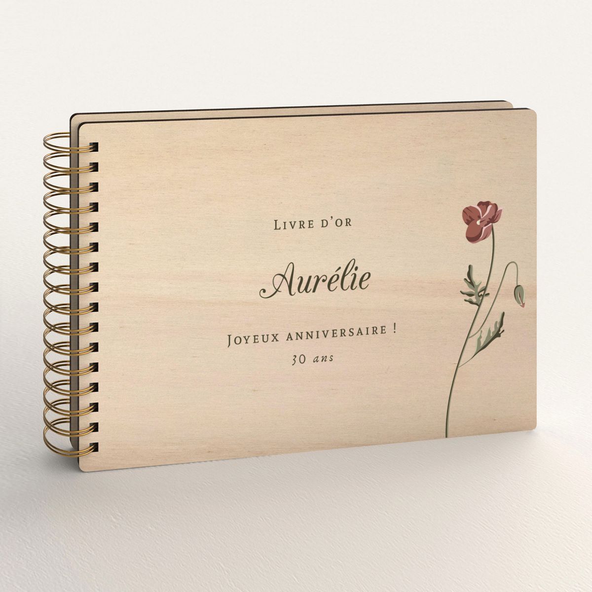 Livre d'or d'anniversaire personnalisé en bois de peuplier avec une fleur rouge