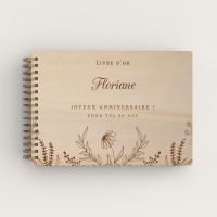 Livre d'or d'anniversaire personnalisé en bois de peuplier avec fleurs champêtres