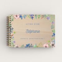 Livre d'or d'anniversaire personnalisé en bois de peuplier avec fleurs de printemps