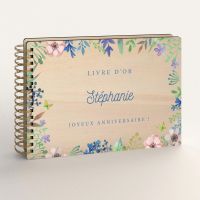 Livre d'or d'anniversaire personnalisé en bois de peuplier avec fleurs de printemps