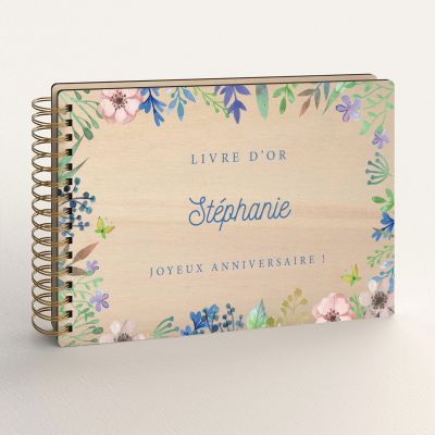 Livre d'or d'anniversaire personnalisé en bois de peuplier avec fleurs de printemps