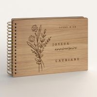 Livre d'or d'anniversaire en bois gravé sur chêne pour un bouquet