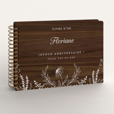 Livre d'or de mariage en bois imprimé sur noyer avec des fleurs champêtres