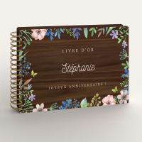 Livre d'or de mariage en bois imprimé sur noyer avec fleurs de printemps