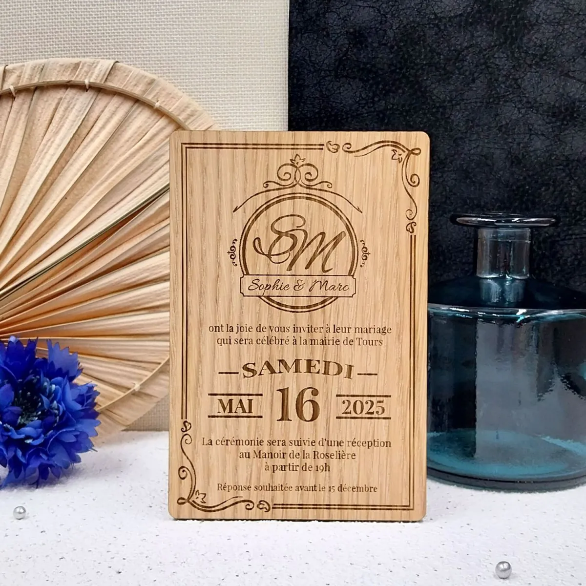 Faire part de mariage gravé sur bois style vintage 2