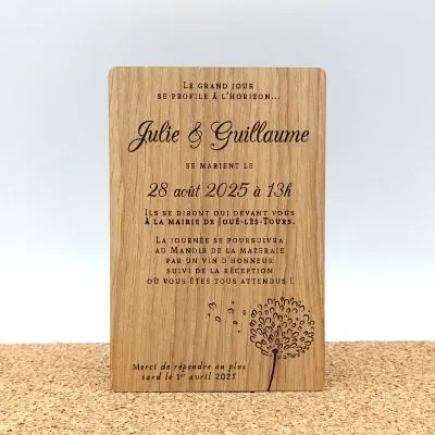 Faire part de mariage gravé sur bois Pissenlit