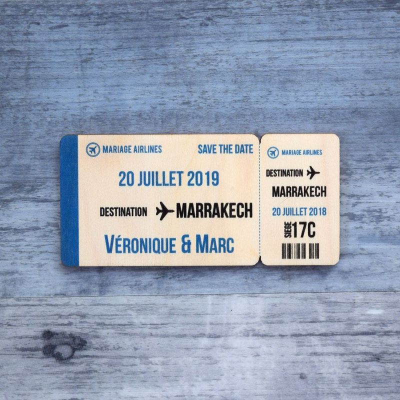 Carte d'embarquement - Save the date sur bois - hover