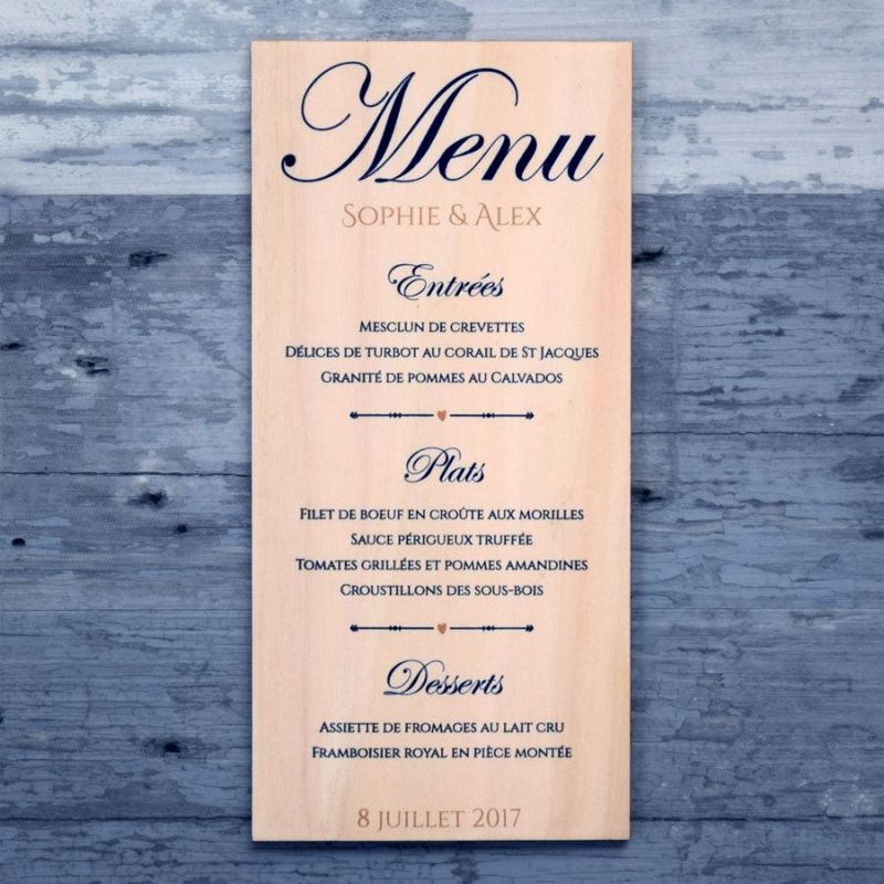 Chic bleu - Impression - Menu de mariage en bois - hover