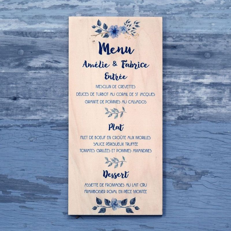 Fleurs bleues - Menu de mariage en bois - hover